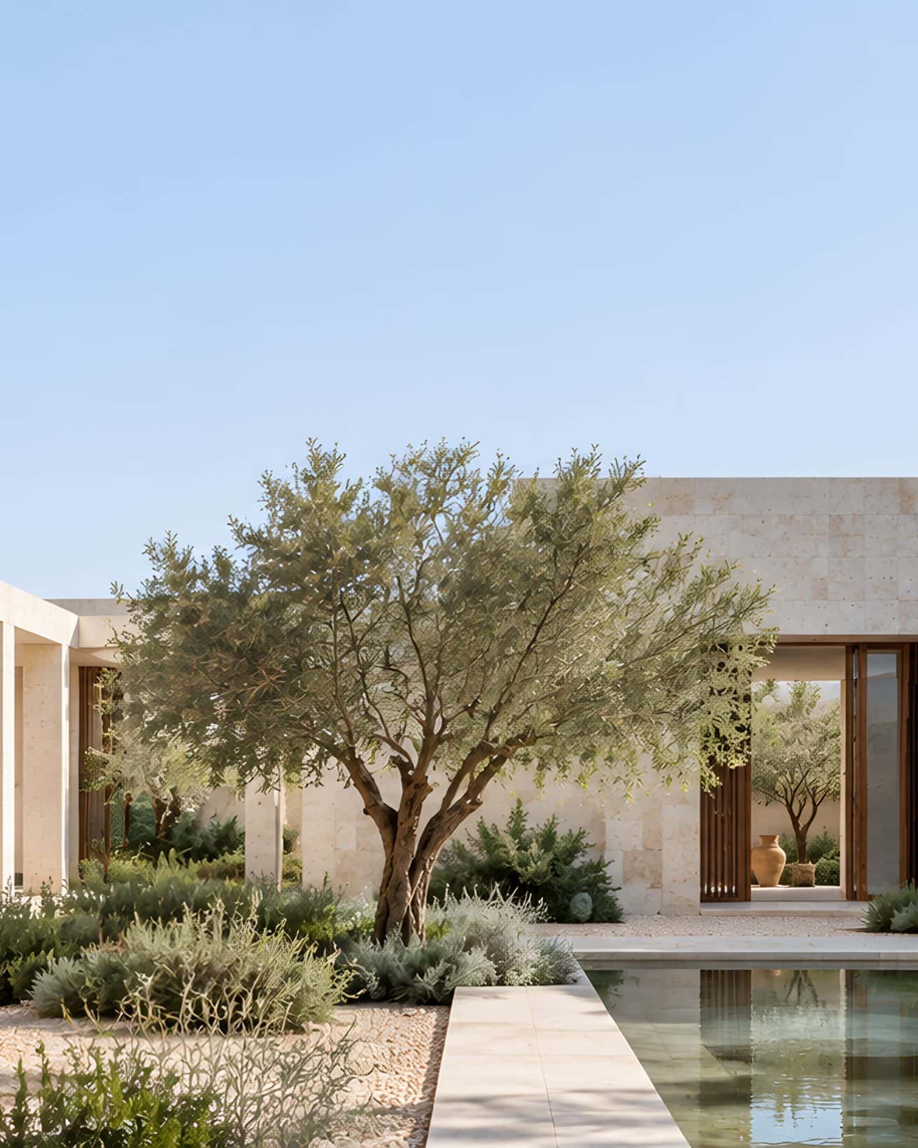 A limestone courtyard: a shaded colonnade, an olive tree, a stone bench and a still pool