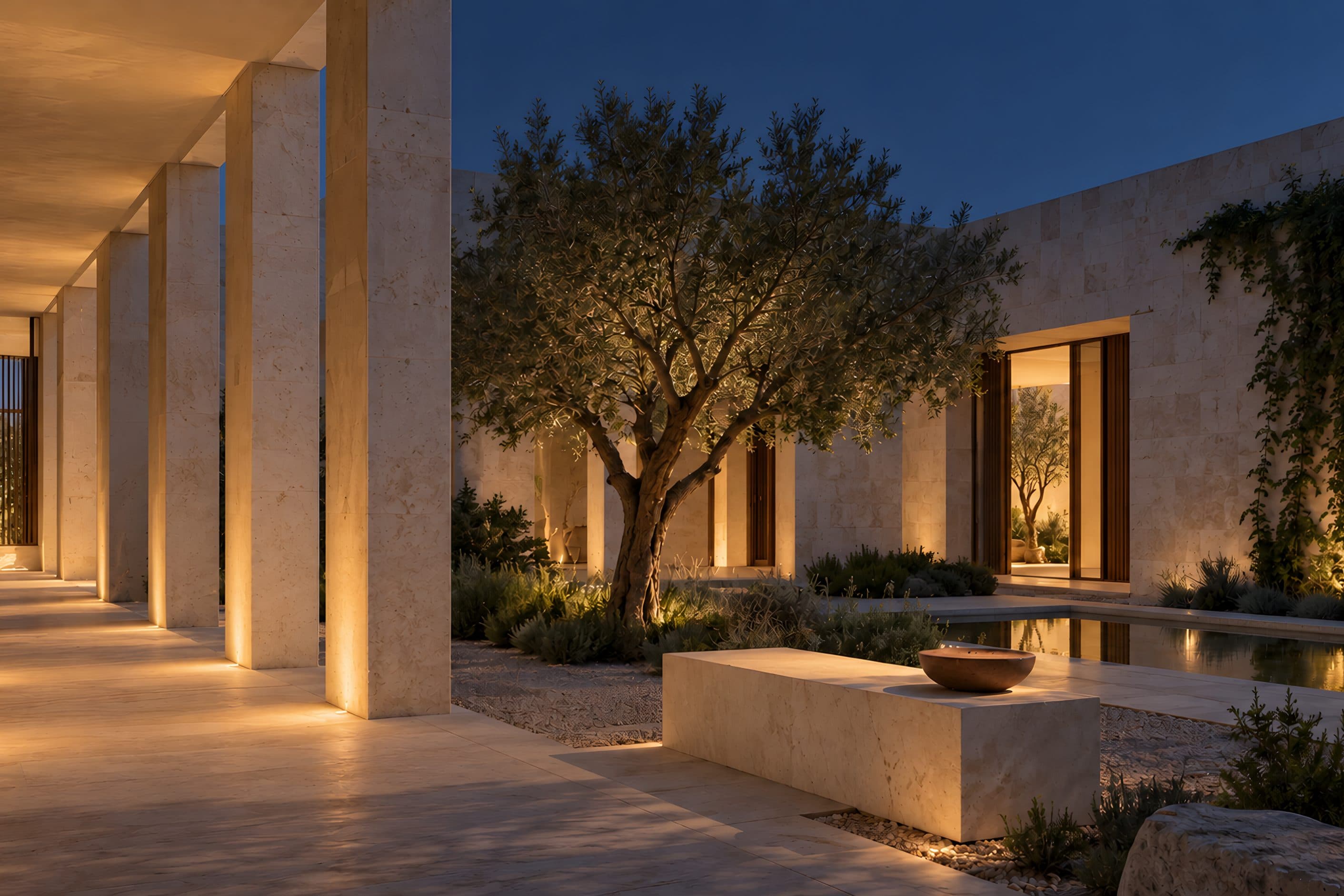 Limestone columns and a shaded walkway beside a courtyard tree