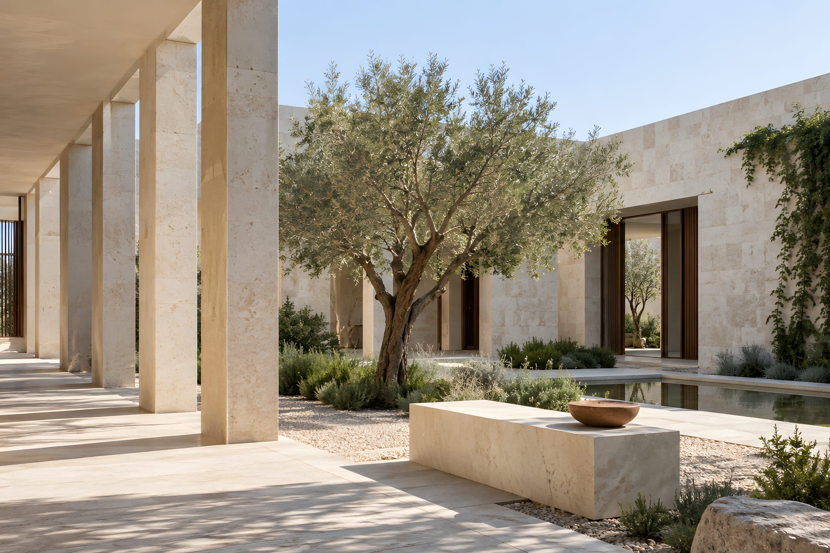 Limestone columns and a shaded walkway beside a courtyard tree