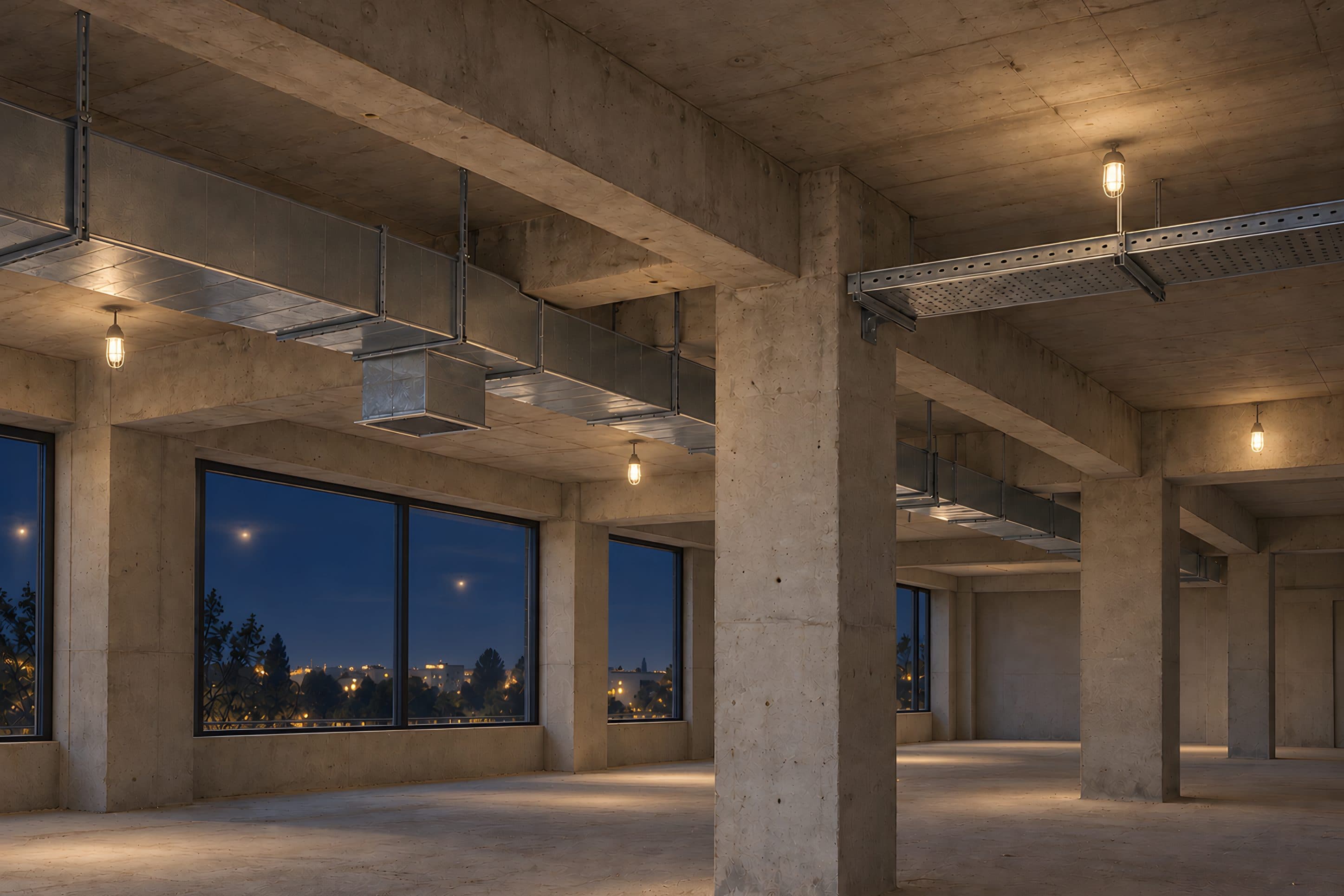 A concrete building frame with ventilation ducts and a cable tray under the slab
