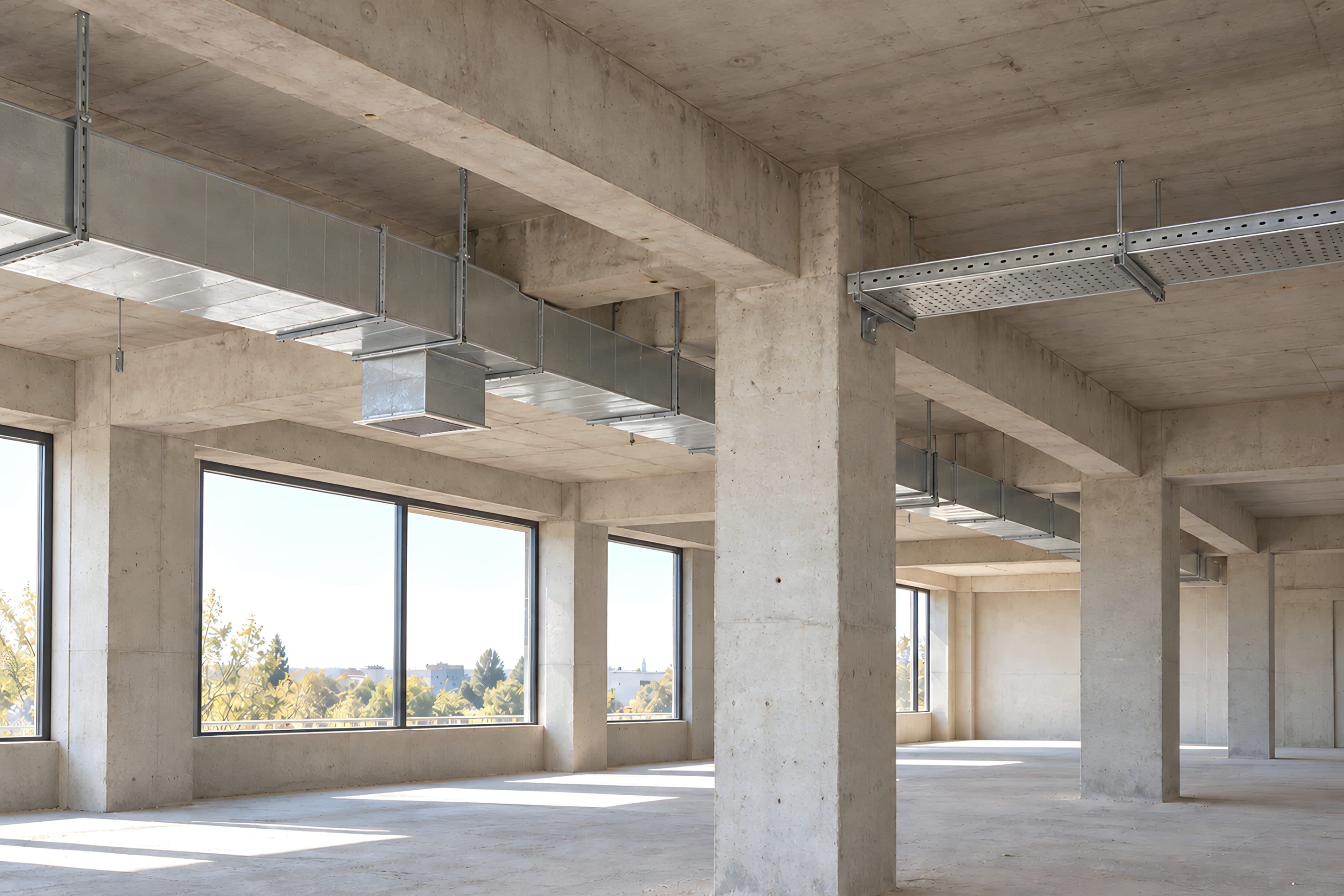 A concrete building frame with ventilation ducts and a cable tray under the slab