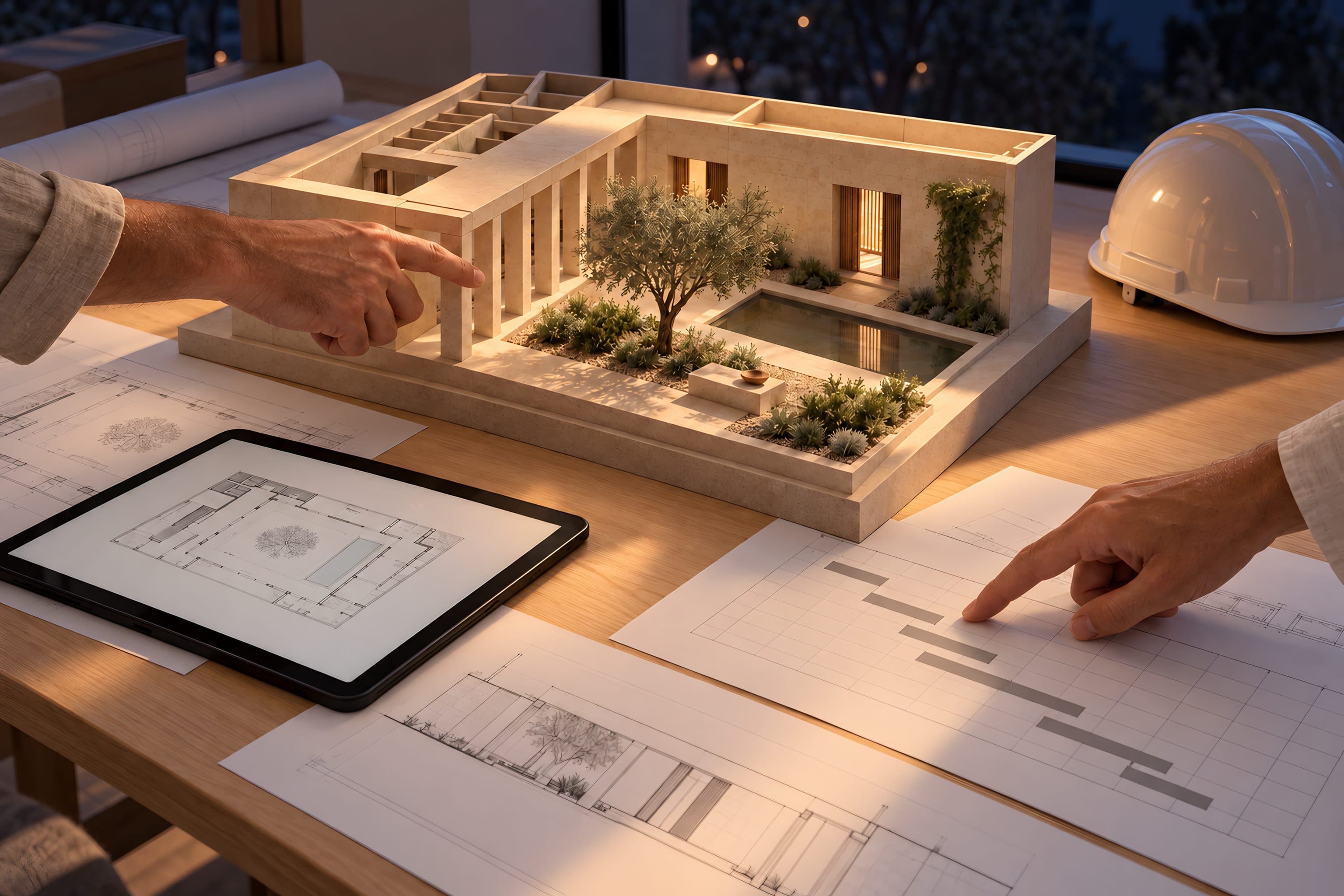 A model of the courtyard house on a table with drawings, a tablet and a hard hat, two hands pointing at the plan