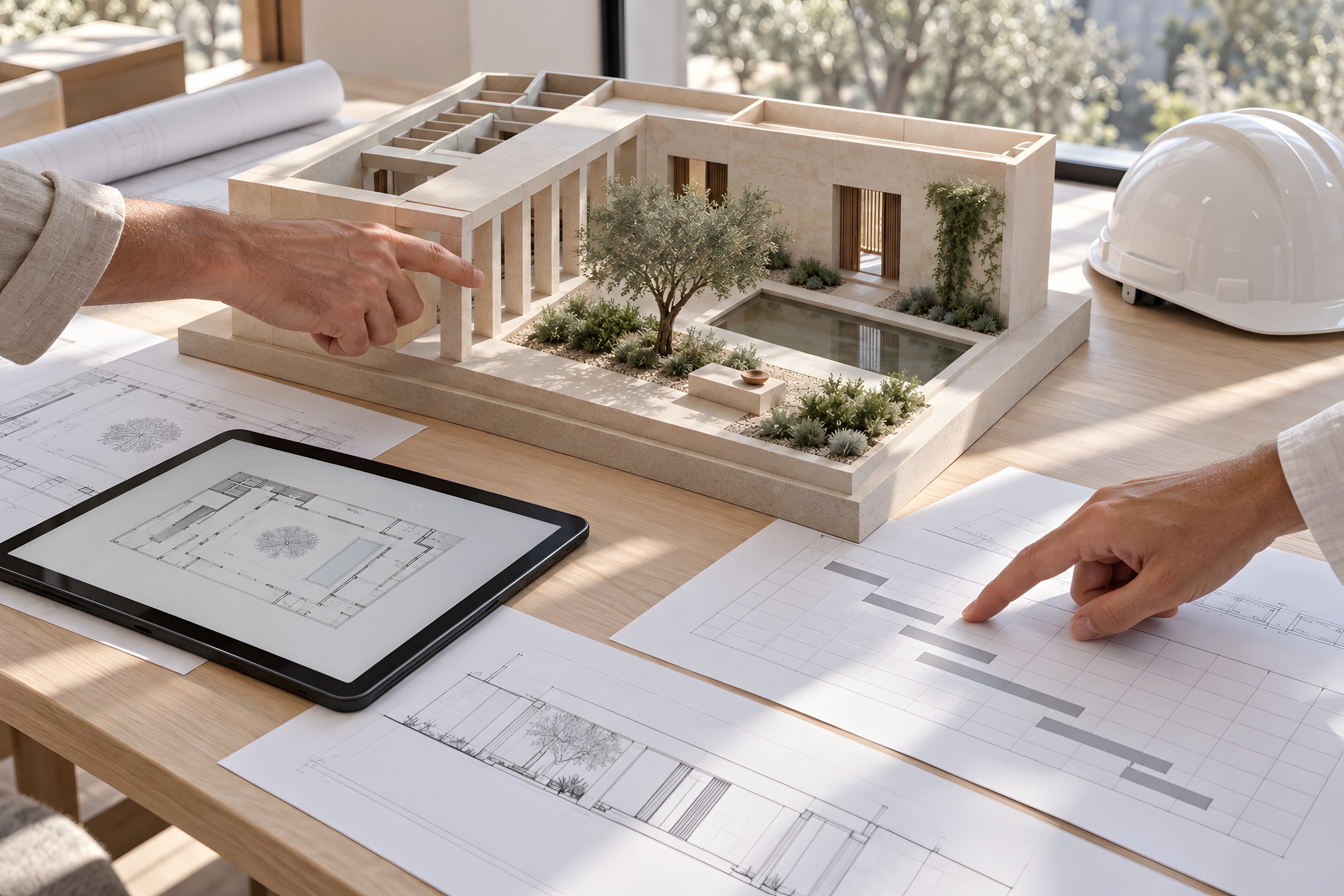 A model of the courtyard house on a table with drawings, a tablet and a hard hat, two hands pointing at the plan