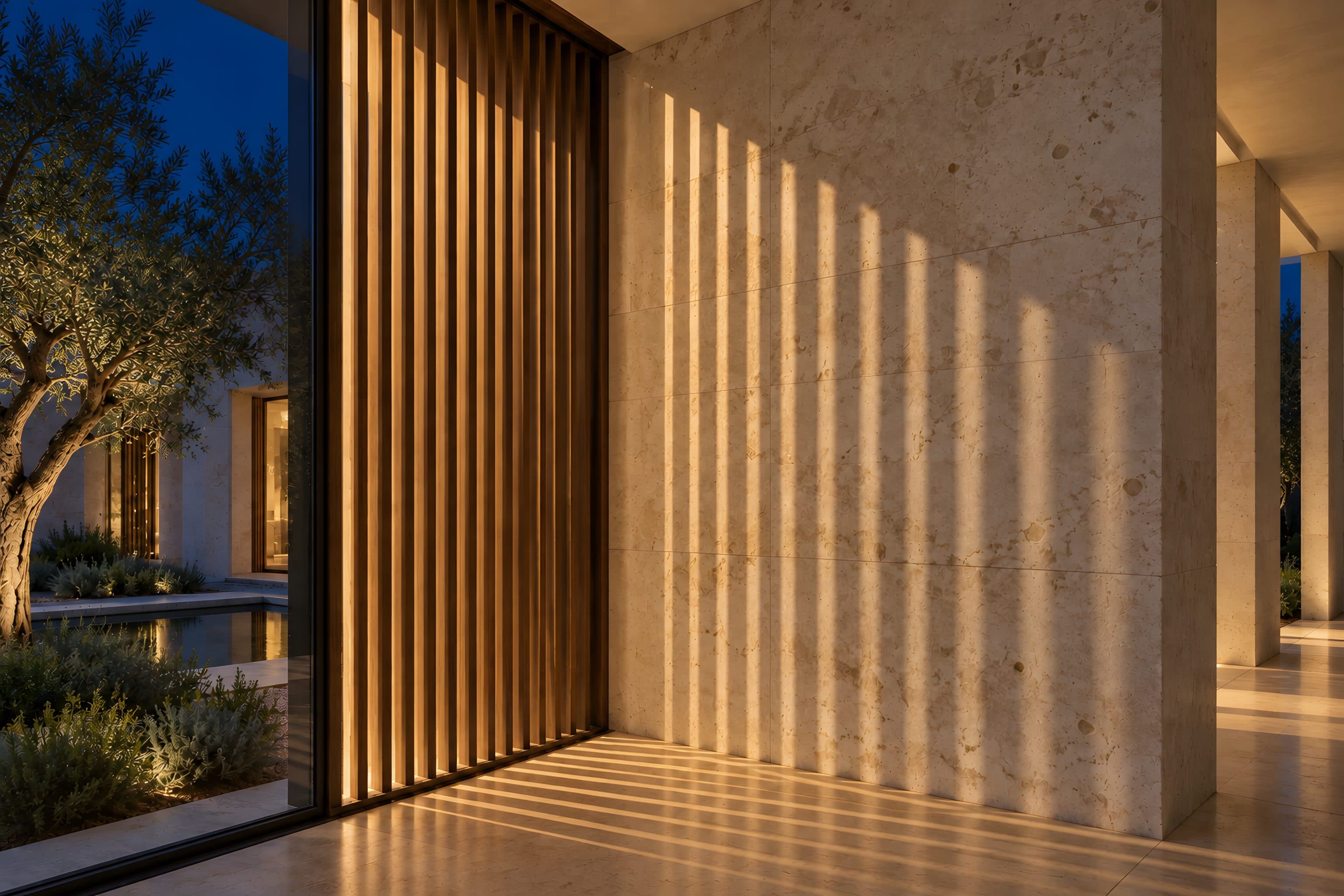 A timber screen throwing bands of light across a limestone wall, with the courtyard beyond the glass