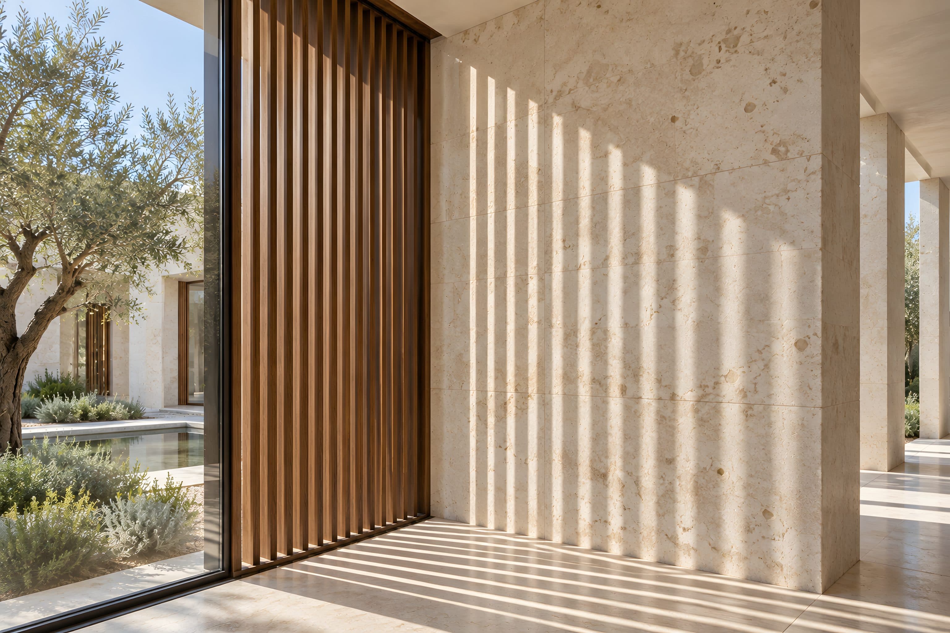 A timber screen throwing bands of light across a limestone wall, with the courtyard beyond the glass