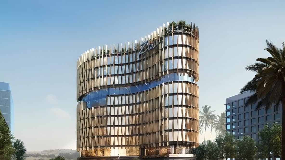 A rendering of a building with vertical facade fins, supplied by KATECH
